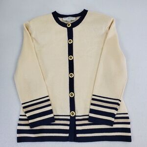 St John Marie Gray Cardigan Sweater Size 10 Navy Ivory Stripe Knit